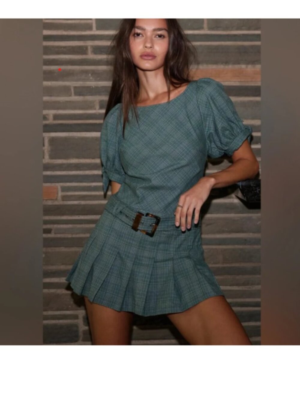 Free People Sevi Green Plaid Mini Pleated Belted Open Back Dress Size Small